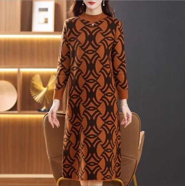 LB230 秋冬 ニットワンピース 高級感 きれいめ プリント柄 着やせ 厚手 大人 セーター ロングワンピース オフィス 園行事 オレンジ拍卖