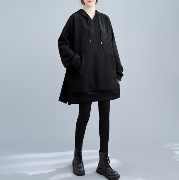 LC178 Fサイズ 秋冬 カジュアルフード付 長袖 チュニック コート ゆったり 防寒 大きいサイズ ロングコートアウター 黒拍卖