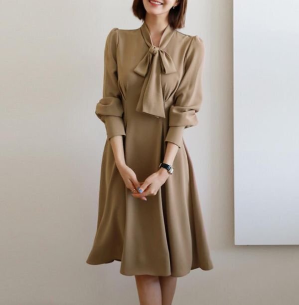 LB014 エレガント ひざ丈ワンピース きれいめ 膝丈 Aライン 二次会 結婚式 大人 入園式 ワンピース 卒業式 入学式 OL ドレス カーキ拍卖