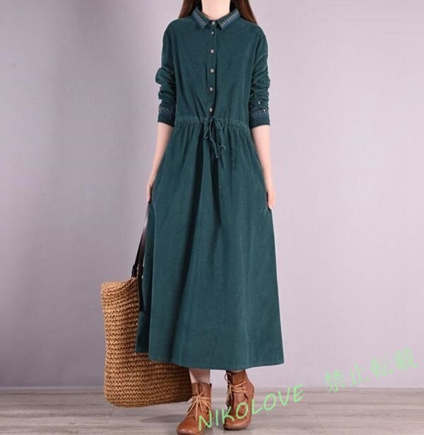 LC106 カジュアル マキシワンピース 刺繍入り 長袖 ゆったり コーデュロイ 着やせ ロング丈ワンピース 大きいサイズ 緑/Lサイズ拍卖
