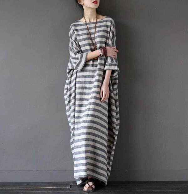 LB569 マキシワンピース ロングワンピース 綿麻 レディース 長袖 ボーダー柄 ゆったり 体型カバー 通勤 カジュアル 大人 黒白拍卖