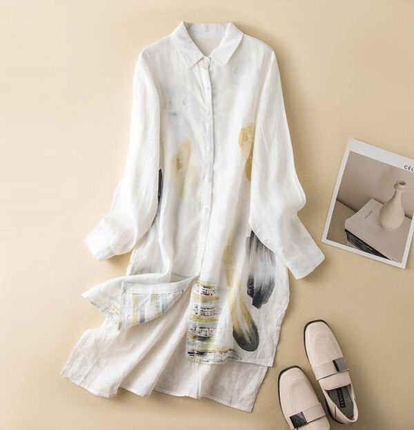 LC078 春 カジュアル ブラウスシャツ リネン チュニック プリント柄 着痩せ 大きいサイズ ロング丈 長袖 Lサイズ拍卖