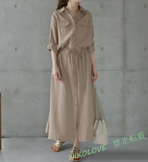 LC215 今季 カジュアルワンピース 長袖 ロングワンピース シャツワンピース お洒落 マキシワンピース カーキ/Lサイズ拍卖