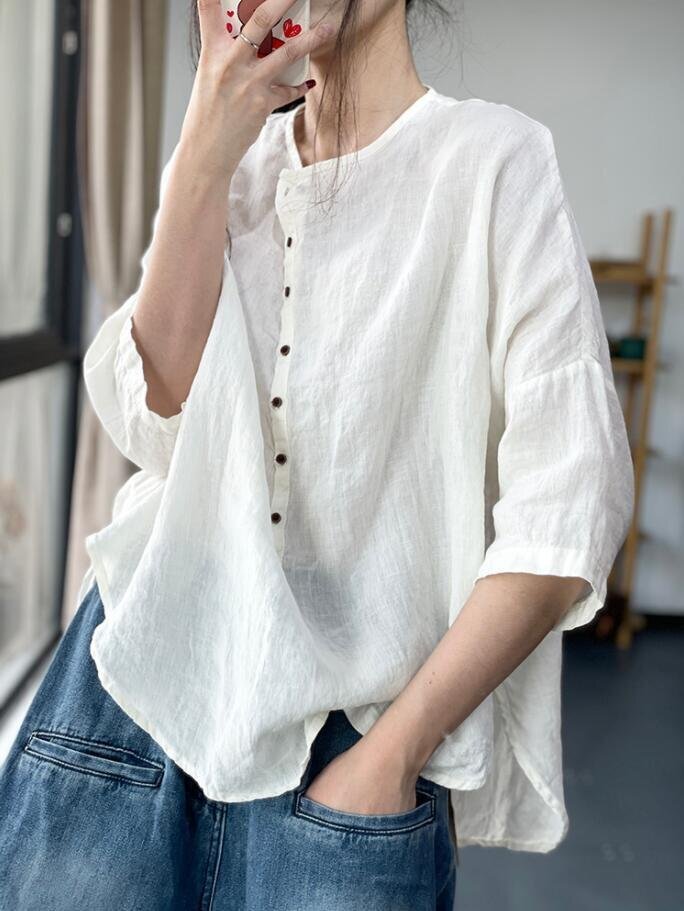 LB170 カジュアル 綿麻 シャツ ブラウス チュニック 素敵な 純色 七分袖 リネン シャツ 着痩せ 30代40代50代 ゆったり ホワイト拍卖