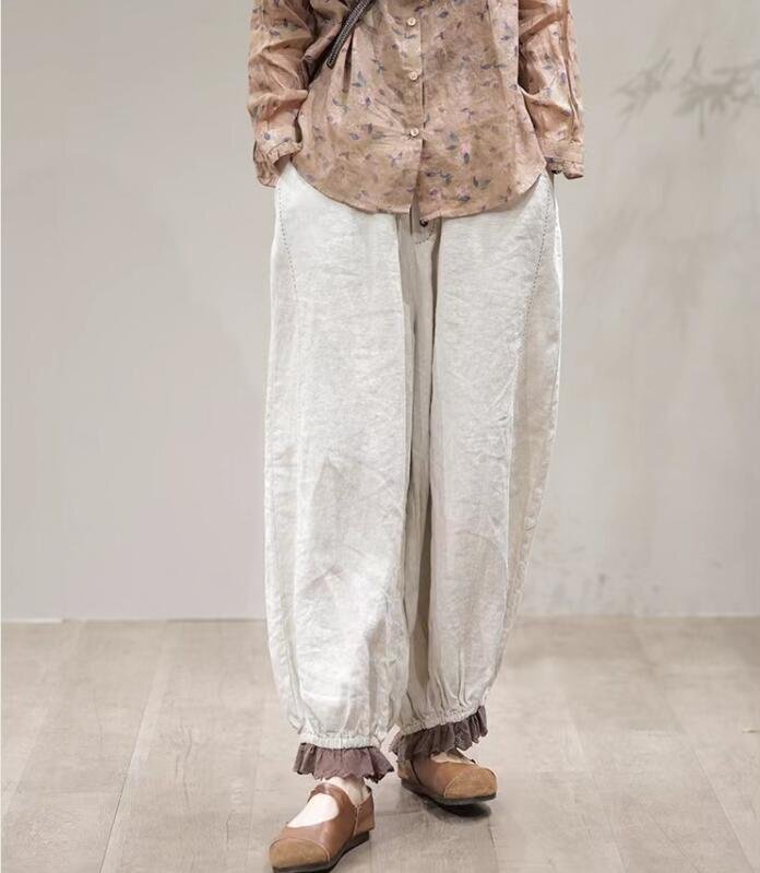 LB068 カジュアル パンツ 素敵な 無地 綿麻 ウエストゴム リネンパンツ ゆったり サルエルパンツ ワイドパンツ 杏拍卖