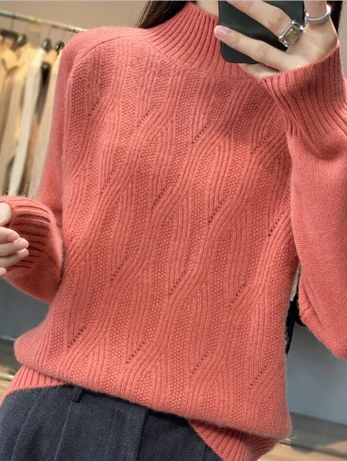 LC071 秋冬レディース立ち襟ニットトップス オシャレ ミンクカシミヤ混 ニットセーターストレッチ レンガ色/Mサイズ拍卖