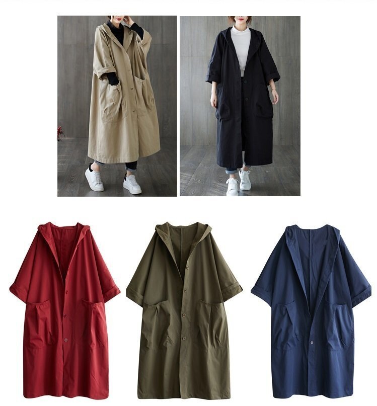 LB637 秋の準備にフードつき軽めのコート 大きいサイズ ドルマンスリーブでお袖短めゆったりロングコート 多色選択可拍卖