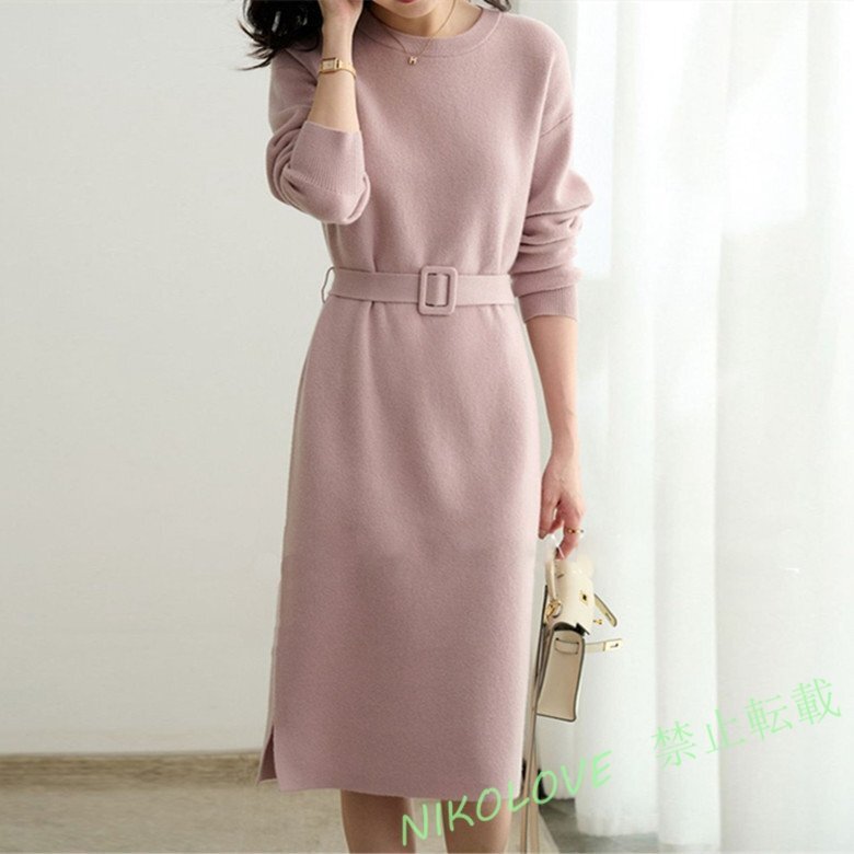 ニットワンピース 膝丈 長袖 気質 きれいめ 大人 オフィス 着痩せ ひざ丈ワンピース お呼ばれ お出かけ ピンクFお色選択可 LC941拍卖