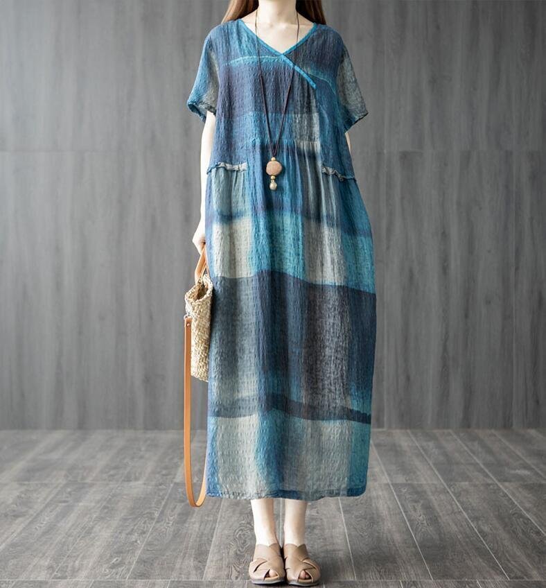 LB945 夏 ワンピース 半袖 膝丈 綿麻 プリント ワンピース 体型カバー ゆったり ロングワンピース ブルー/Lサイズ拍卖