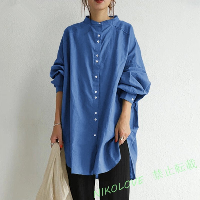 新品 ゆったり春夏カジュアル無地綿麻長袖ブラウスシャツゆったり大きいサイズ素敵な大人おしゃれチュニック ブルーXLサイズ選択可AA016拍卖