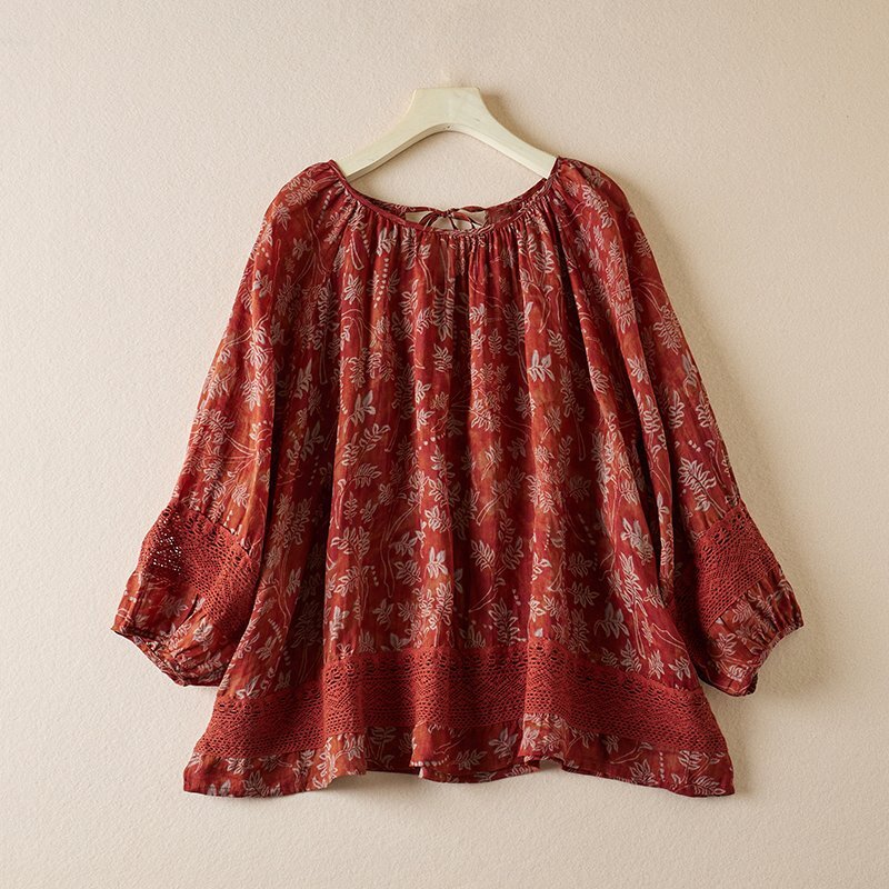 LB015 ブラウス レディース 綿麻 トップス 薄手 ナチュラル カジュアル プリント柄 着心地 大人おしゃれ大きいサイズ チュニック レッド拍卖