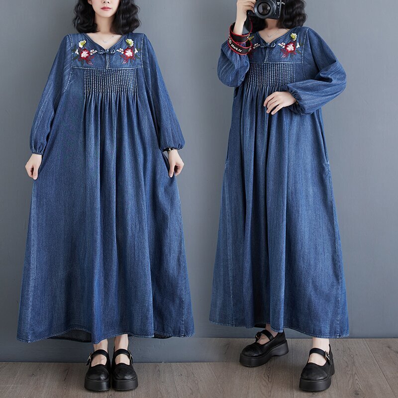 LB125 デニム ワンピース 長袖 カジュアル 刺繍り デニムワンピース ミモレ丈 ゆったり 体型カバー ロングワンピース おしゃれ M拍卖