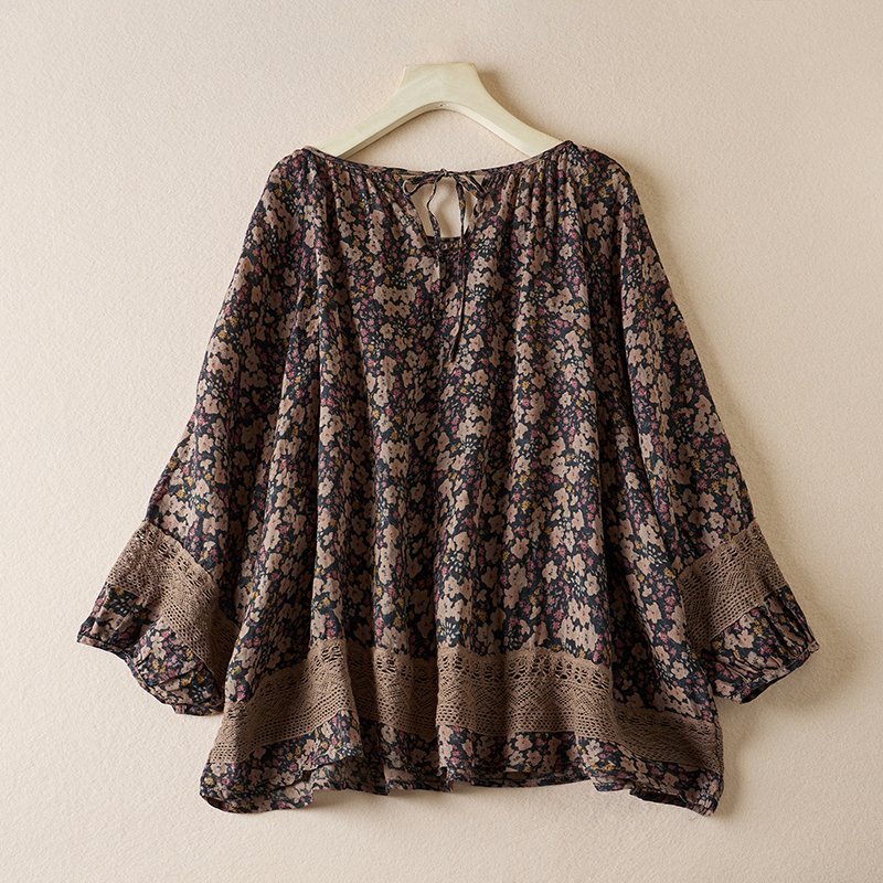 LB279 ブラウス レディース 綿麻 トップス 薄手 ナチュラル カジュアル プリント柄 着心地 大人おしゃれ大きいサイズ チュニック チョコド拍卖