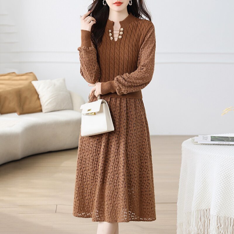 LB354 秋冬 優雅 切り替え ニットワンピース フォーマル セーター 着やせ ロングワンピース オシャレ 二次会 園行事 長袖 コーヒー拍卖