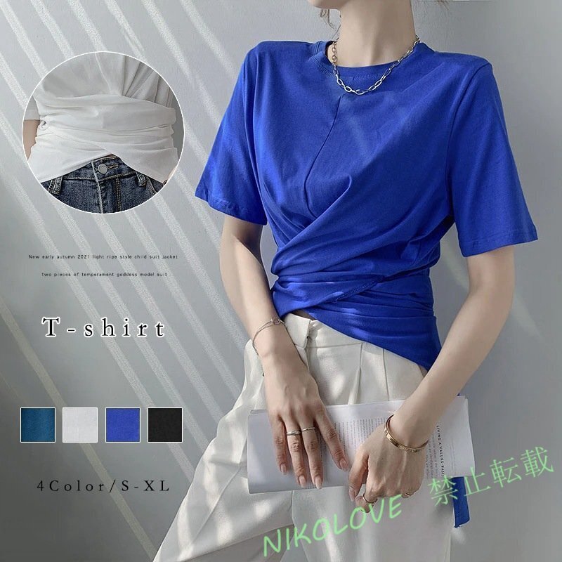 LB826 レディース tシャツ 不規則裾 無地 半袖 夏 insで流行ってる 可愛いTシャツ 着痩せシャツ ラウンドネック 半袖 S~XLサイズ拍卖