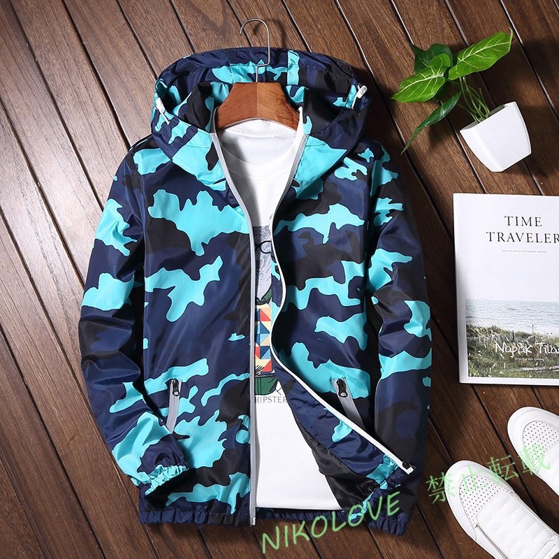 メンズ ミリタリージャケット ウィンドブレーカー スタジアム ジャンパー ブルゾン ジップアップパーカー フード付き M~5XL ブルー LC989拍卖