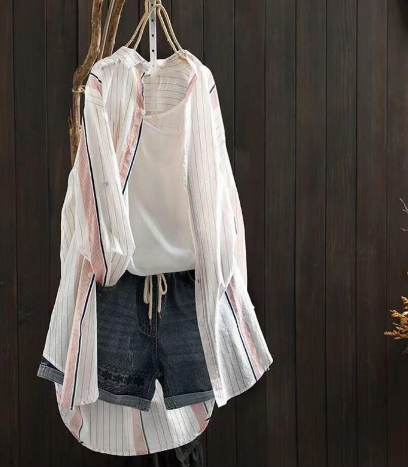 LB020 シャツ チュニック コットン プリント柄 ゆる レディース ロングシャツ 薄い 長袖 ブラウス オフィス カジュアル風 ピンク拍卖