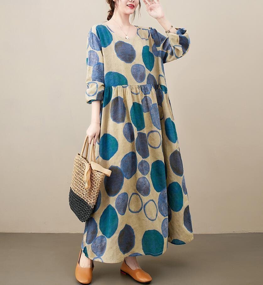 LC059 秋 ロングワンピース プリント柄 レディース 綿麻混風 長袖 体型カバー 大きいサイズ ブルー Lサイズ拍卖