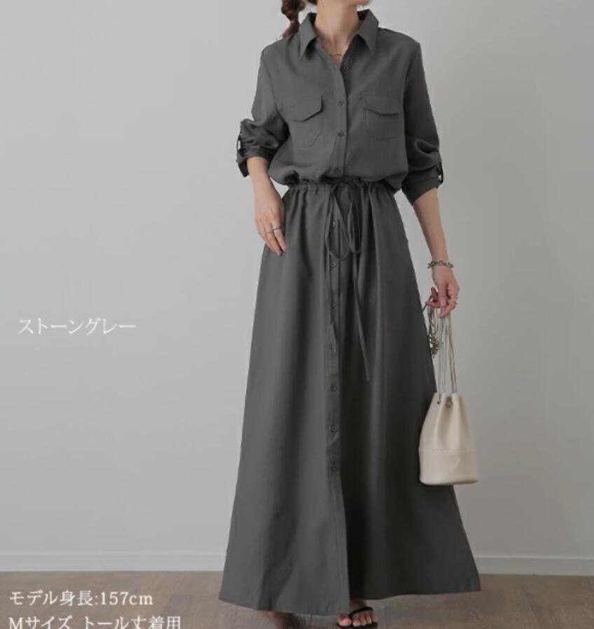 LB123 ワンピース 理想の着痩せ ロングワンピース シャツワンピ ロング マキシ マキシワンピース レディース 大きいサイズ グレー拍卖