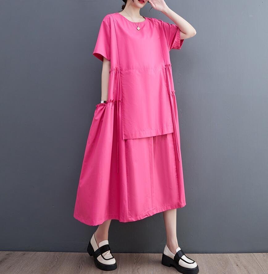 LC211 Fサイズ 夏 カジュアル ゆったり ロングワンピース 半袖 大ポケット 大きいサイズ マキシ丈ワンピース レッド拍卖