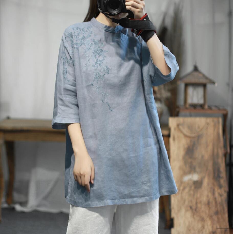 LB061 チュニック 体型カバー レディース ロング トップス 着痩せ 大きいサイズ 刺繍り コットン リネン ロングブラウス . ブルー拍卖