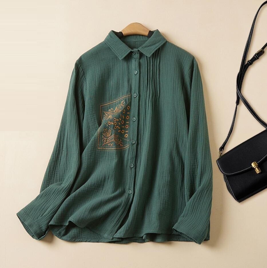 LB980 春 カジュアル お花刺繍入り シャツブラウス 素敵な 大人 長袖トップス シンプル チュニック 緑/Mサイズ拍卖