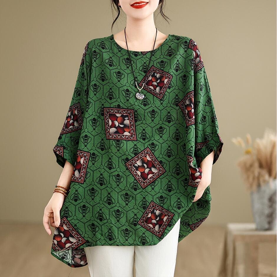 LB200 チュニック 夏 ドルマン袖 ロング ブラウス レディース トップス プリント柄 大きいサイズ ゆったり 大人 可愛い カジュアル拍卖