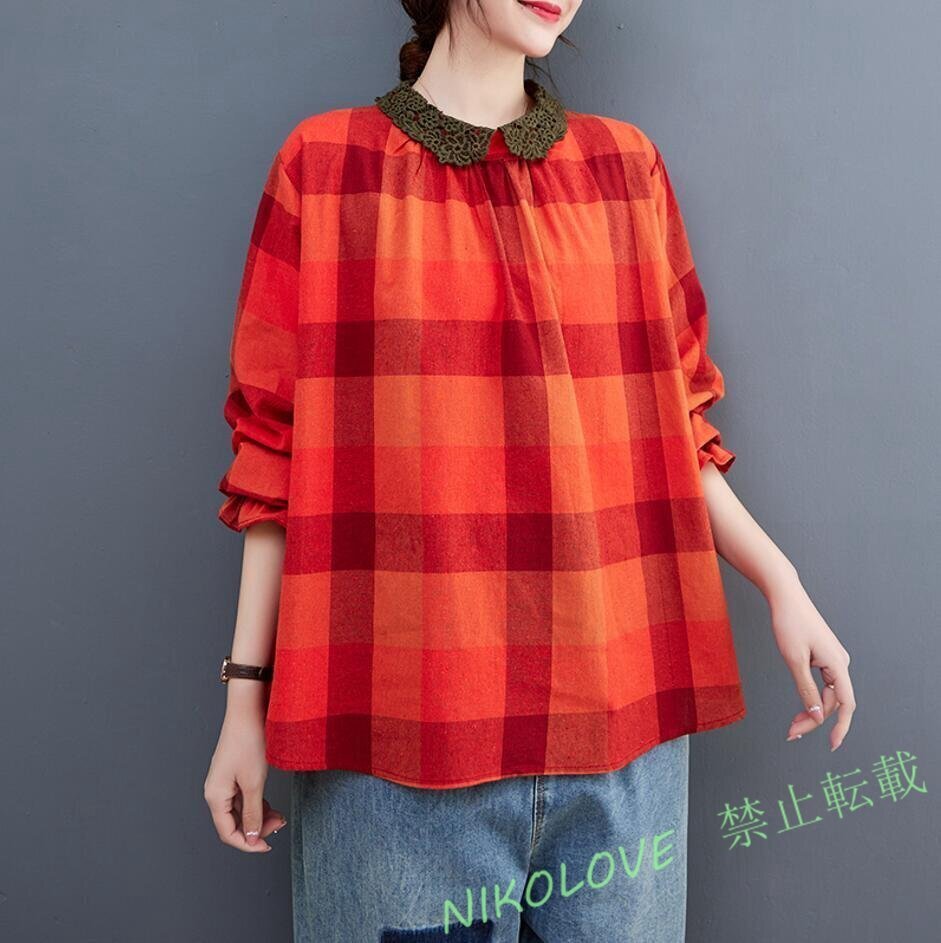 LB970 春 カジュアル 大きいサイズ チュニック レース襟 おしゃれ 綿麻 チェック 柄 長袖 トップス 赤/Lサイズ拍卖