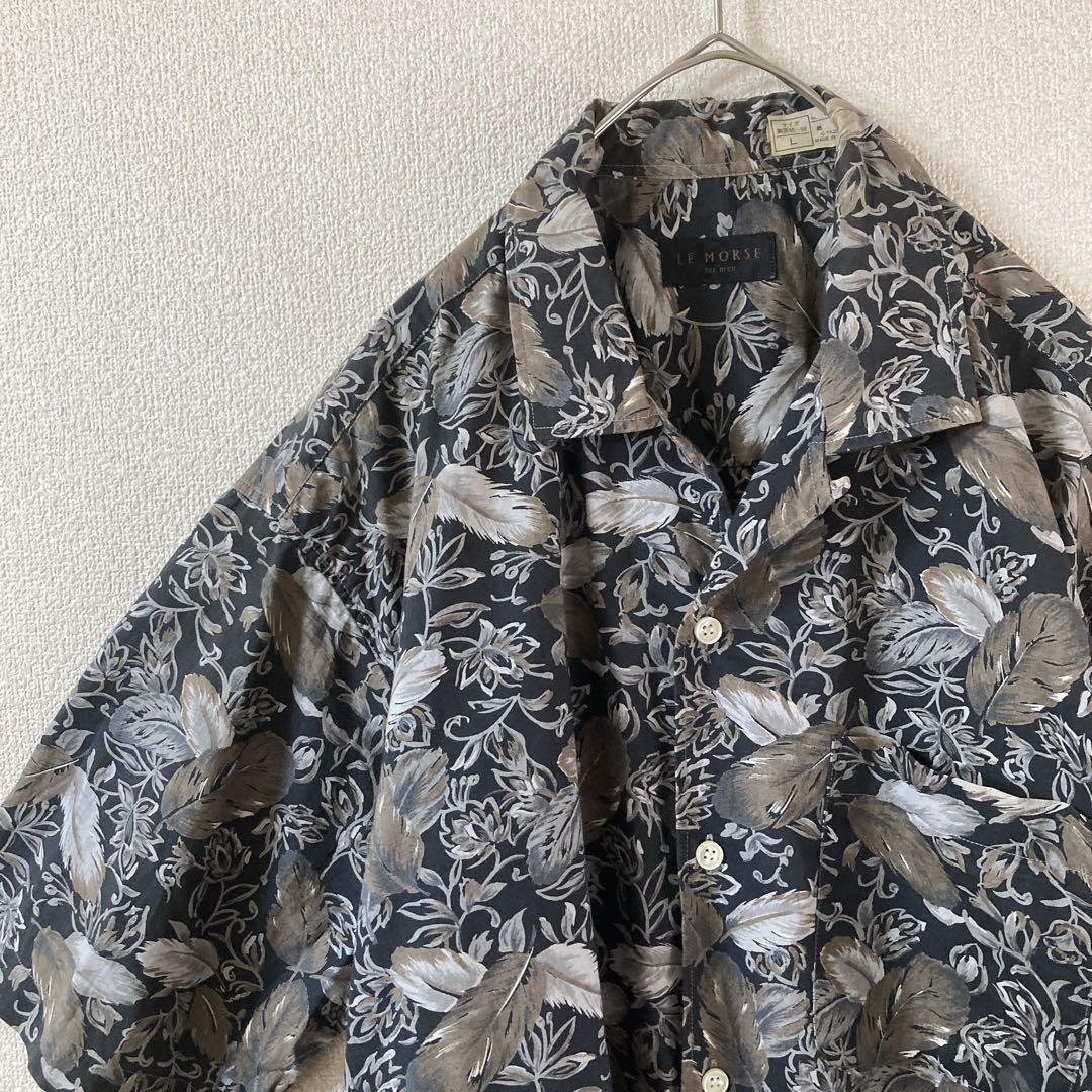 N3フェザー柄シャツ 半袖 オープンカラー ボタニカル柄 Lメンズ拍卖