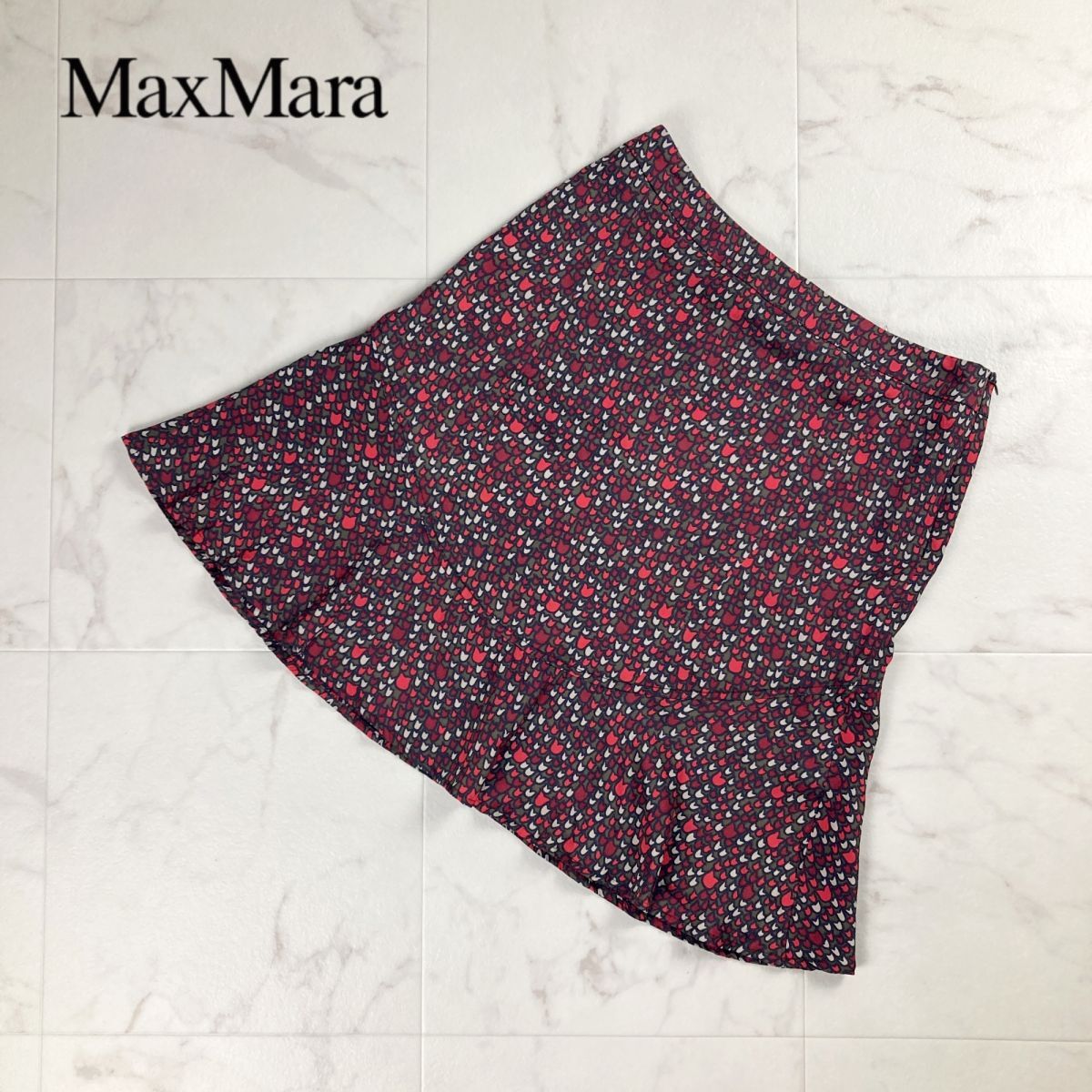 Weekend Max Mara ウィークエンド マックスマーラ 総柄フレアスカート サイドジップ 膝丈 裏地あり黒 ブラック サイズL*OC1014拍卖