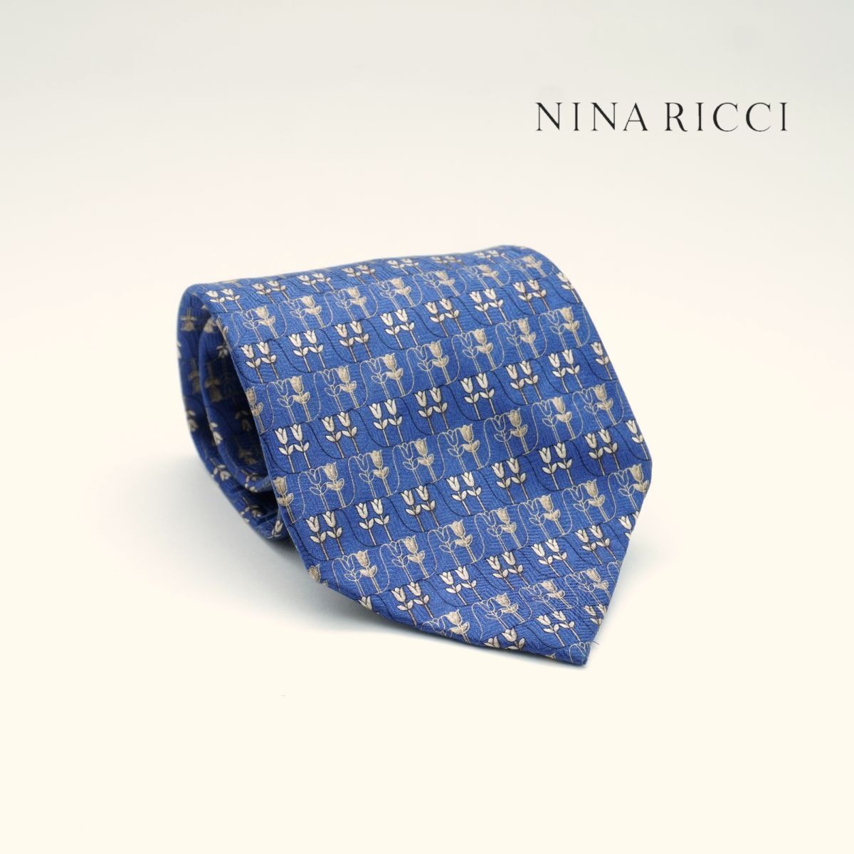 NINA RICCI ニナリッチ ネクタイ フランス製 総柄 花柄 シルク 青 ブルー@JG24拍卖