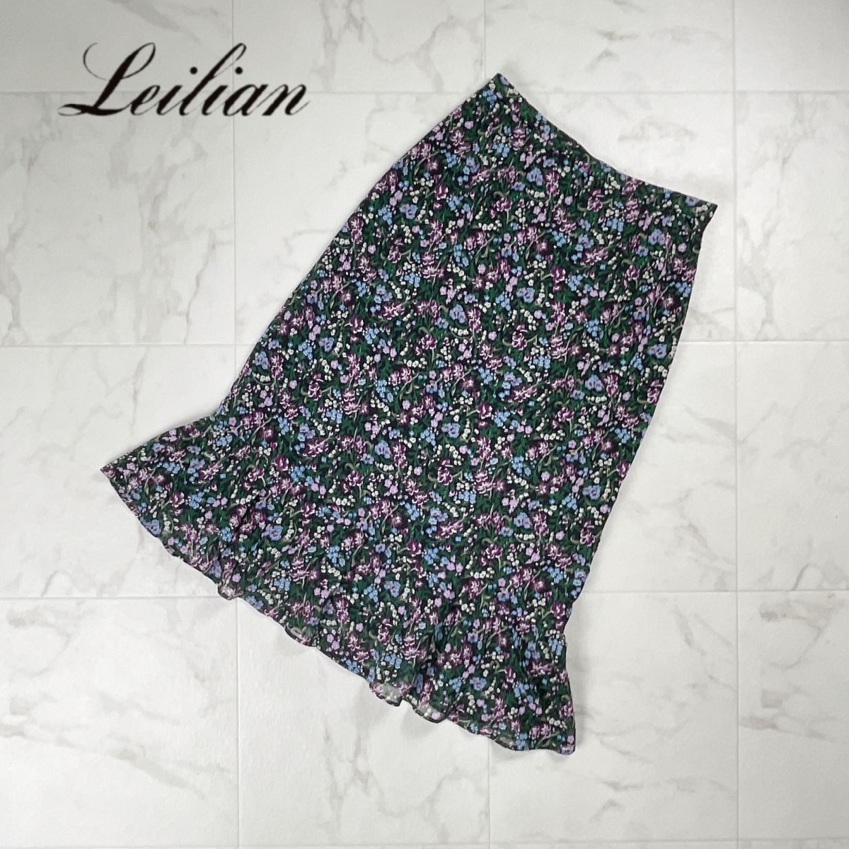 美品 Leilian レリアン 小花柄 ペンシルペプラムスカート ミモレ丈 裏地あり レディース ボトムス マルチカラー サイズ9*OC128拍卖