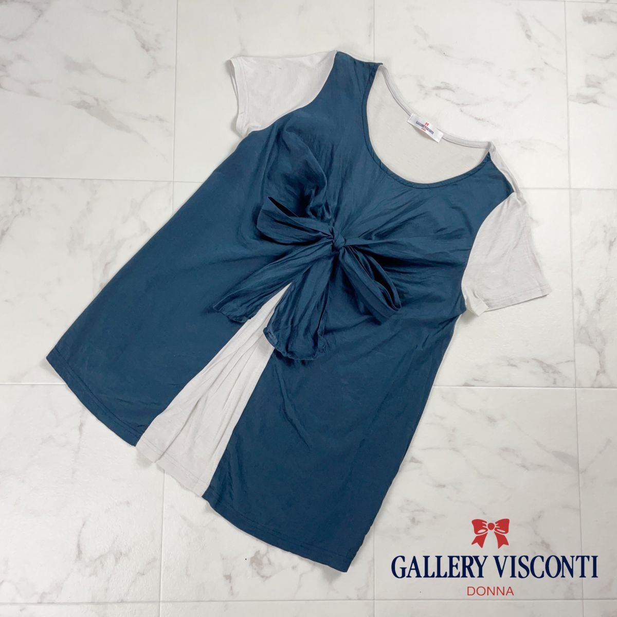 美品 GALLERY VISCONTI ギャラリービスコンティ フロントリボンデザイン 切替半袖カットソー トップス レディース 白紺 サイズ2*OC362拍卖