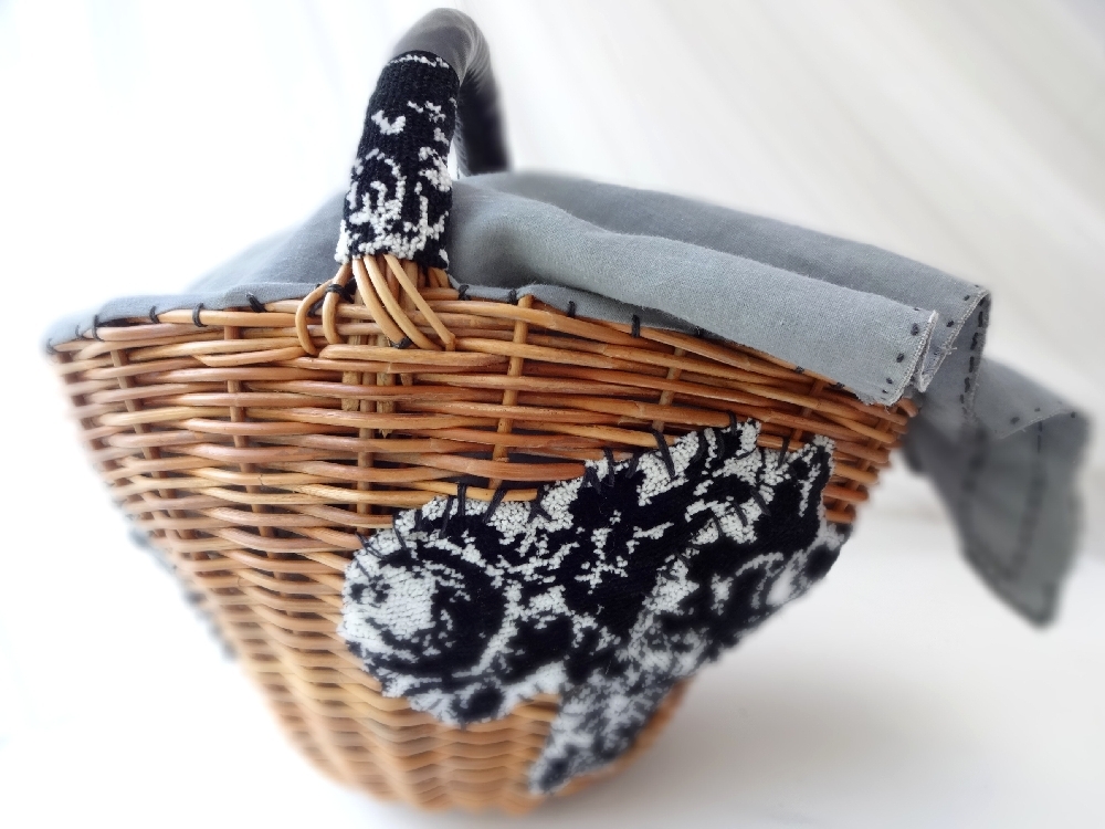 ebagos / エバゴス 高級 シェニール織り 籐かご 編み ハンドバッグ クラシック 刺繍 レザー 本革 布 カゴ バッグ eb.a.gos made in Japan拍卖