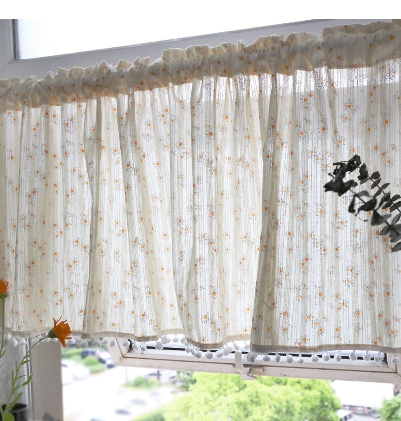 新発売 カフェカーテン コスモス 綿 ポンポン付き 可愛い 幅140cm*丈40cm 飾り 花柄 インテリア拍卖