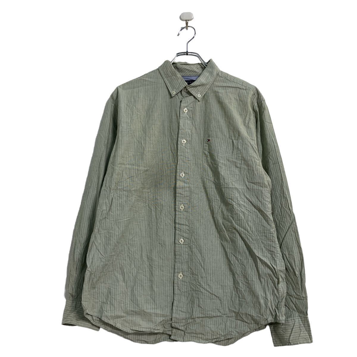 TOMMY HILFIGER 長袖 ストライプシャツ M グリーン ホワイト トミーヒルフィガー ボタンダウン 古着卸 アメリカ仕入 a604-5471拍卖