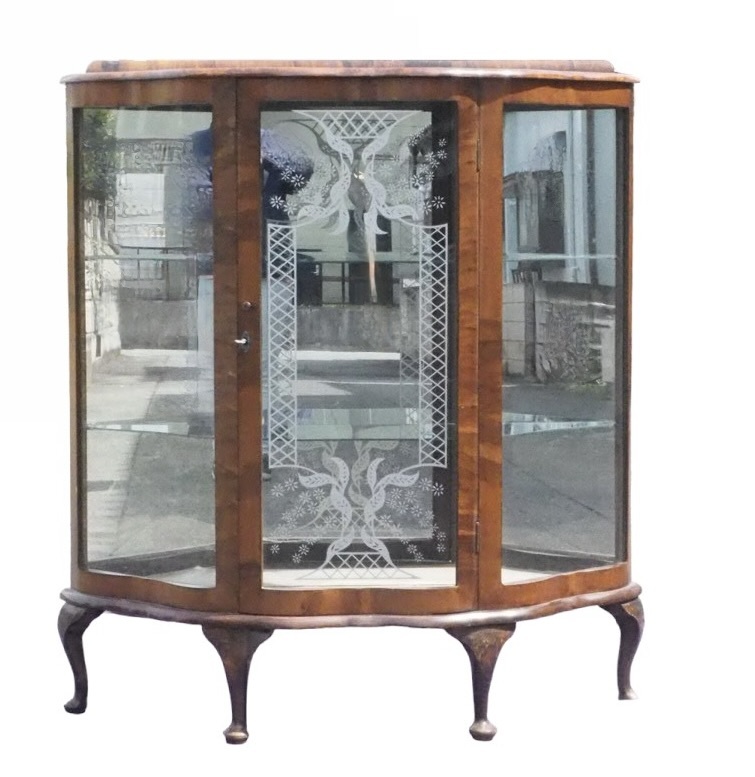 英国アンティーク クイーンアンスタイル ウォールナット ミラーバック 「チャイナキュリオケース」 made in England ※引き取り限定 ANS604拍卖