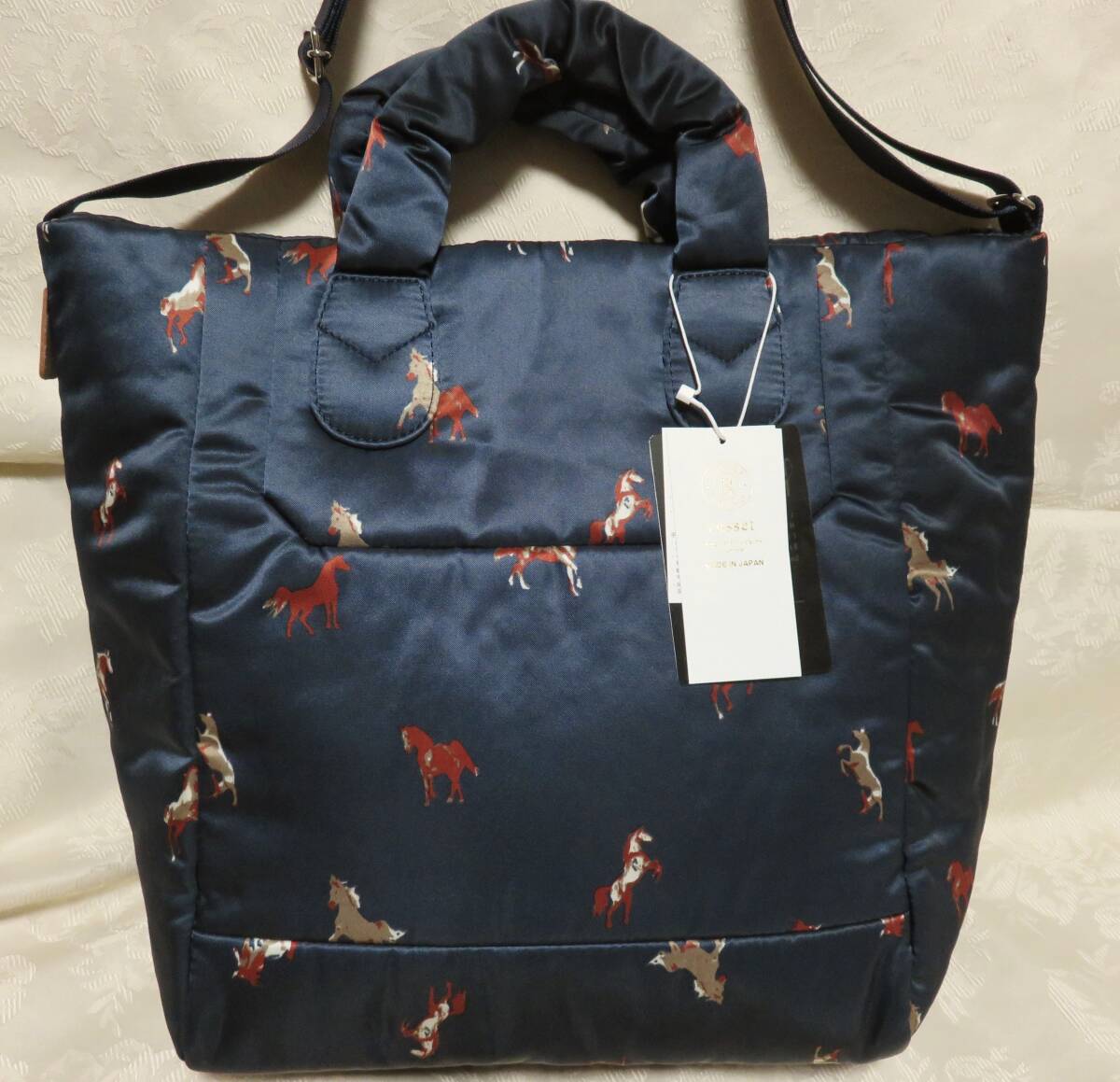 未使用 russet 2way スクエア トート バッグ M ホース ネイビー/紺 ショルダー/ななめがけ 馬柄 ウッドランダー クラウズナイロン ラシット拍卖