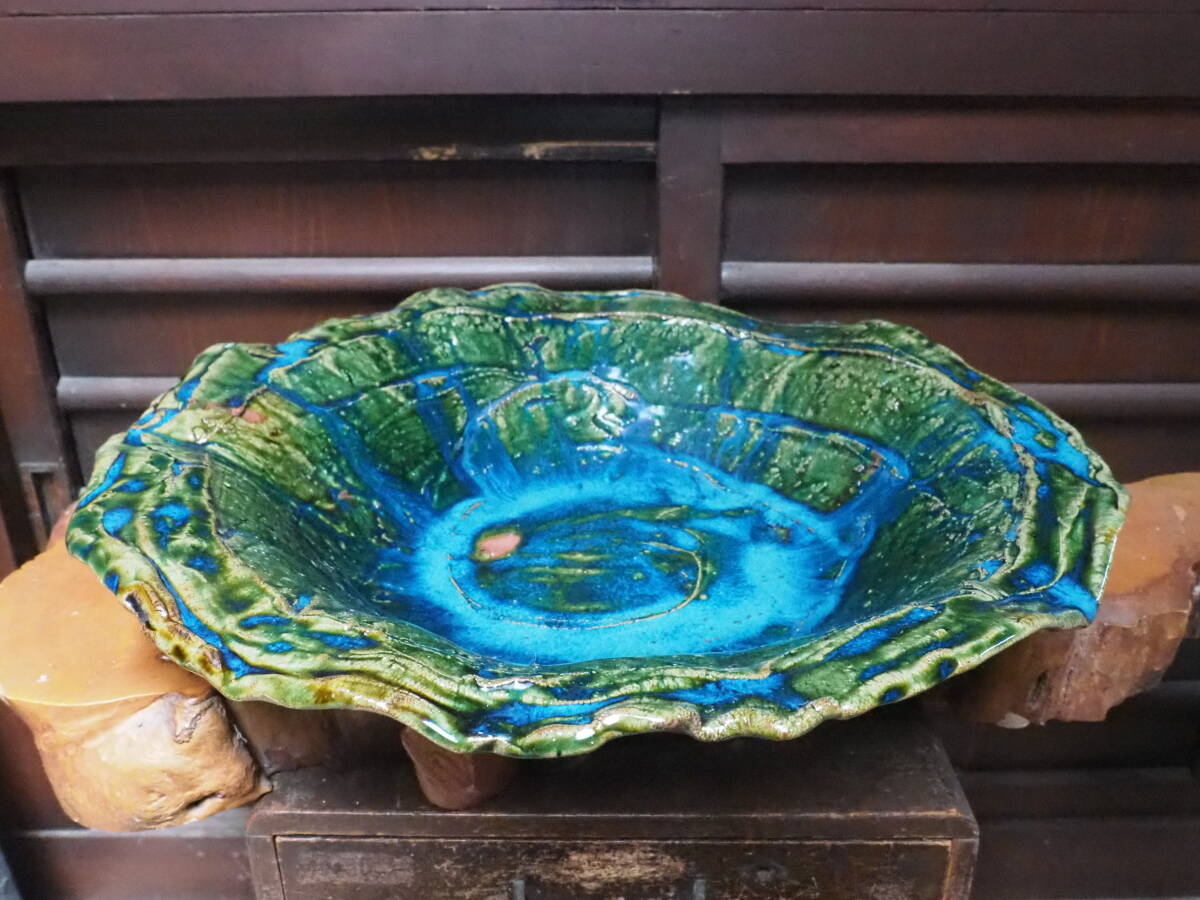 【織部加飾尺四盛鉢】陶製美濃焼和食器割烹懐石料理花瓶茶道豆皿焼き物旅館茶室花入れ古道具アンティーク古民家インテリア骨董古民具拍卖