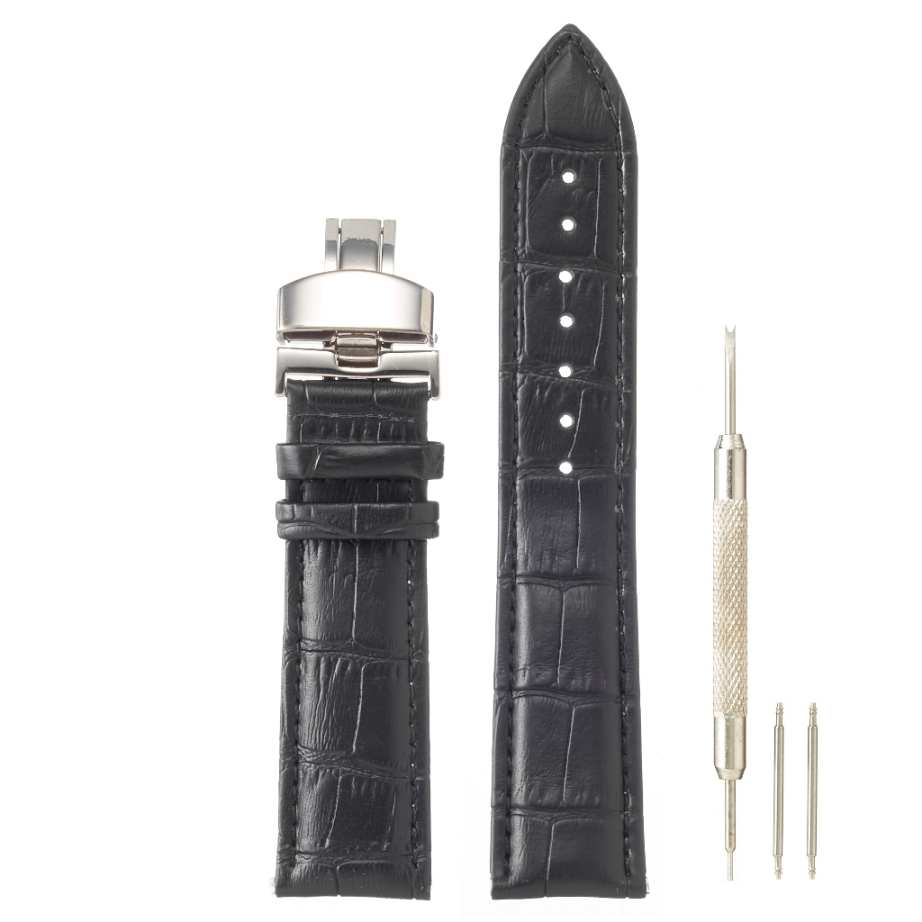 22mm 本革 Dバックル ベルト ブラック バネ棒 工具付き お手頃価格 腕時計拍卖