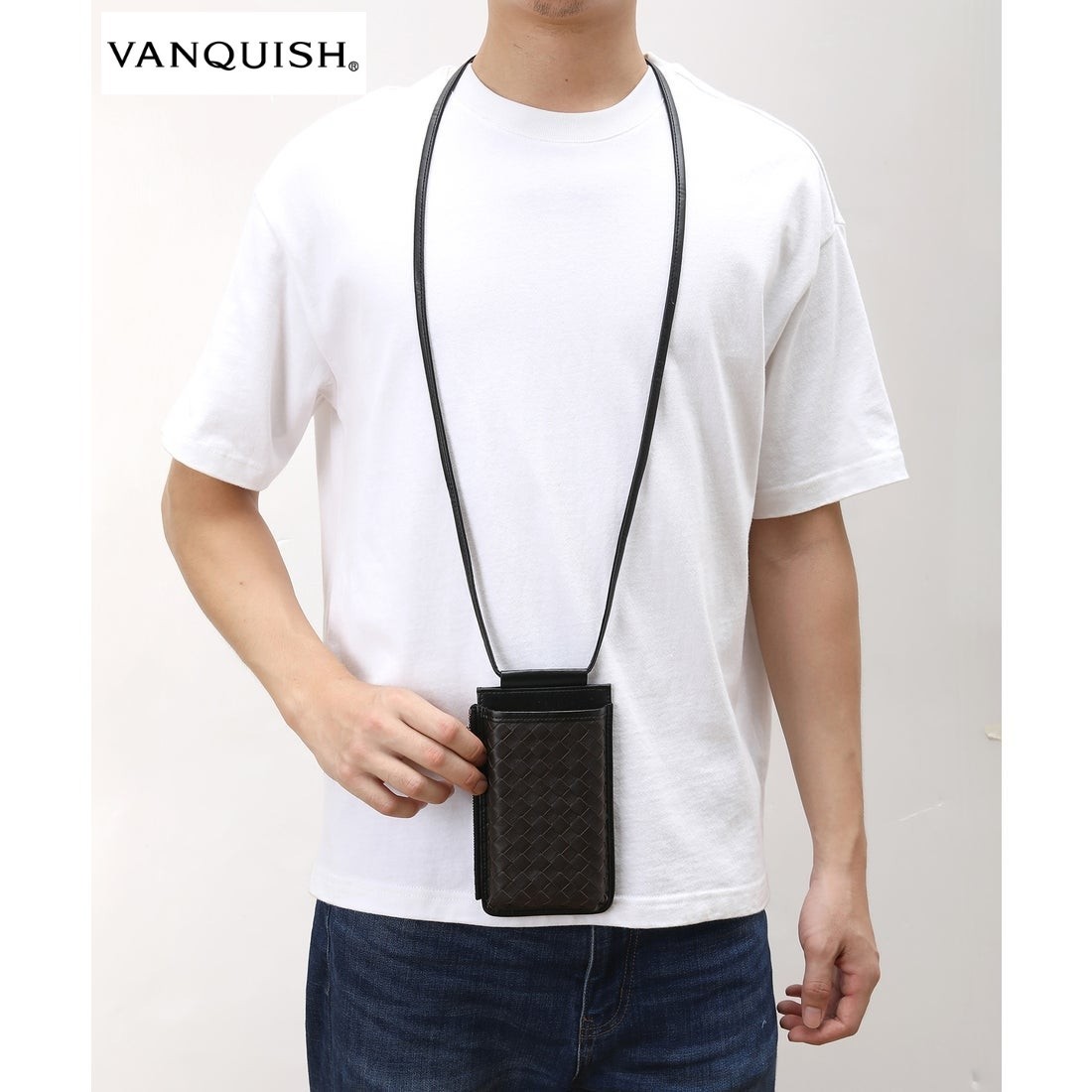 最値!新品!定17600円!ハイグレードライン!【ヴァンキッシュ】高級本革ラムレザー ウーブン ネックポーチ スマートフォンケース!ブラウン!茶拍卖