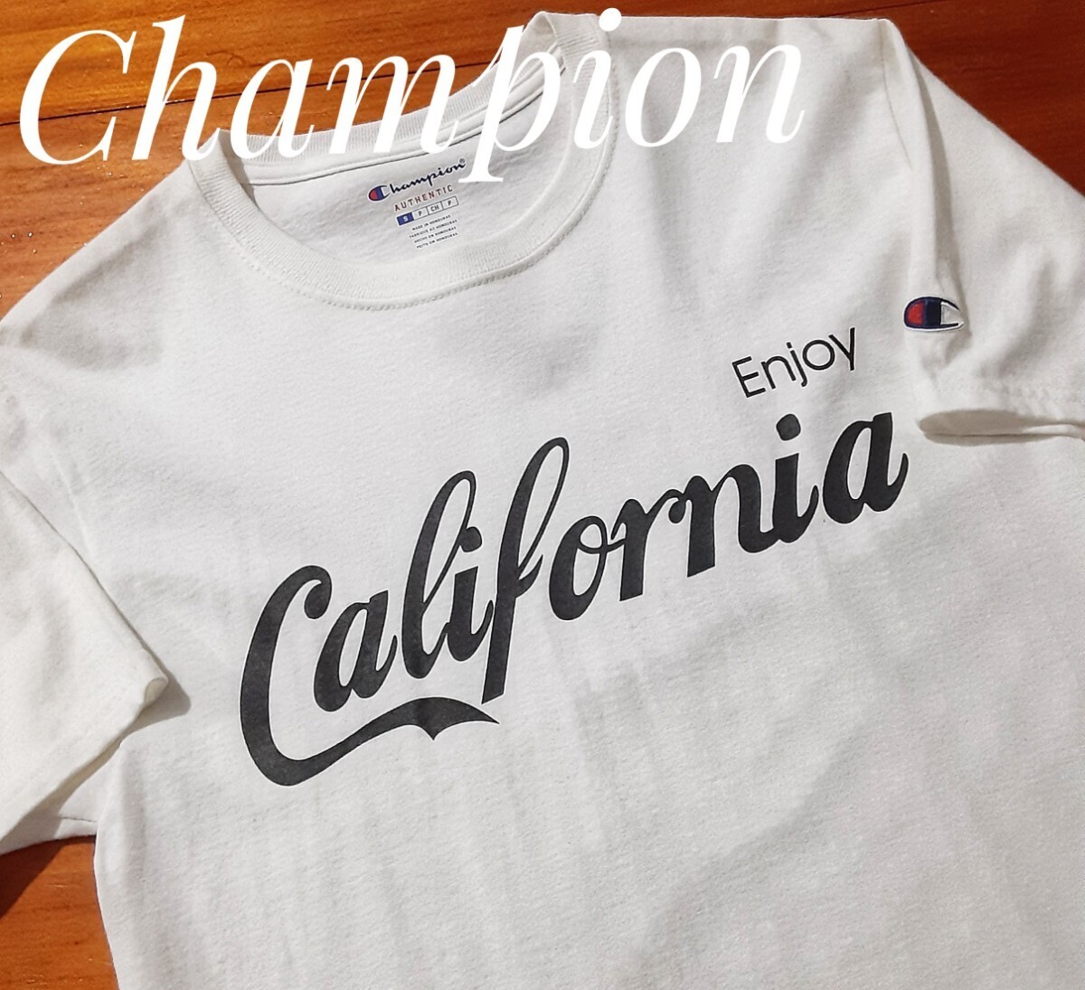 最値!デッドストック!旧モデル!名作ENJOY CALIFORNIAロゴ!別注デザイン!チャンピオン(Champion) プリント Tシャツ!ホワイト!白黒 Sサイズ拍卖