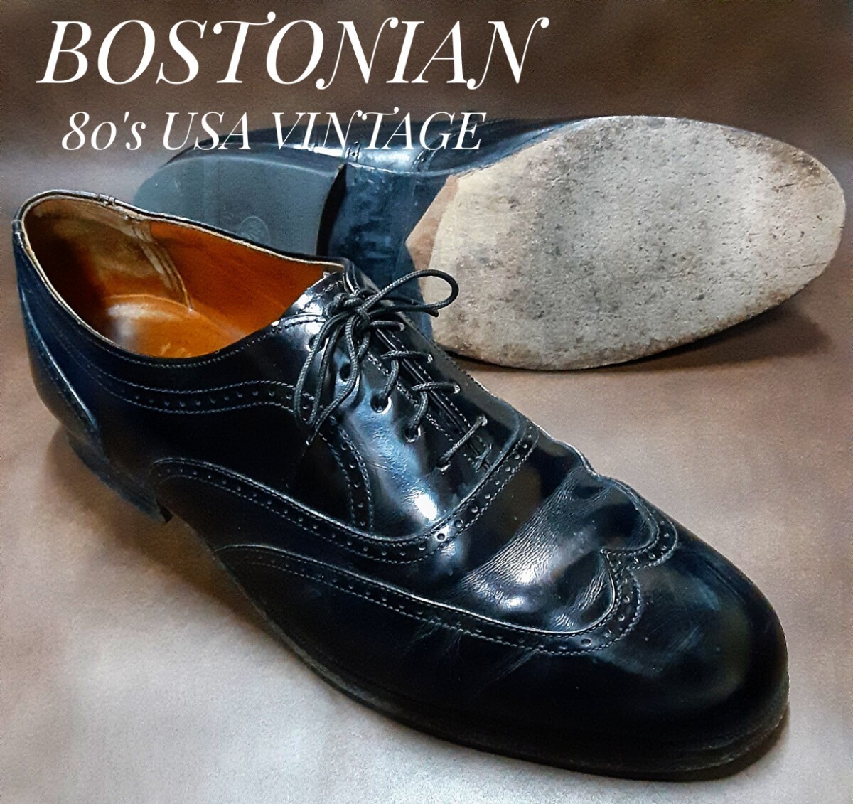 最値!80'sUSA製!ヴィンテージ!アメリカ老舗ブランド!ボストニアン(BOSTONIAN) 名作ガラスレザー ウイングチップ シューズ!ブラック!黒 27.5拍卖