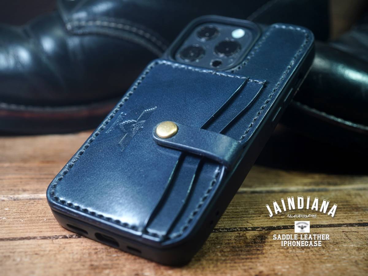 iPhone15ケース 手縫い サドルレザー ネイビー (iPhone15pro,15proMax,15Plus仕様での製作も可)拍卖