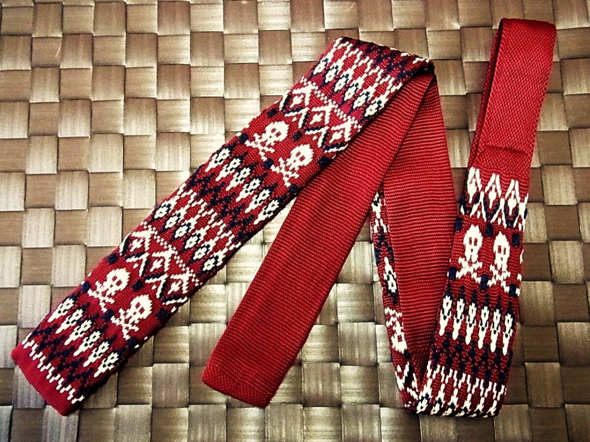 【美品 ニットタイ】0861 【ドクロ骸骨ガイコツ髑髏】ネクタイ♪●拍卖