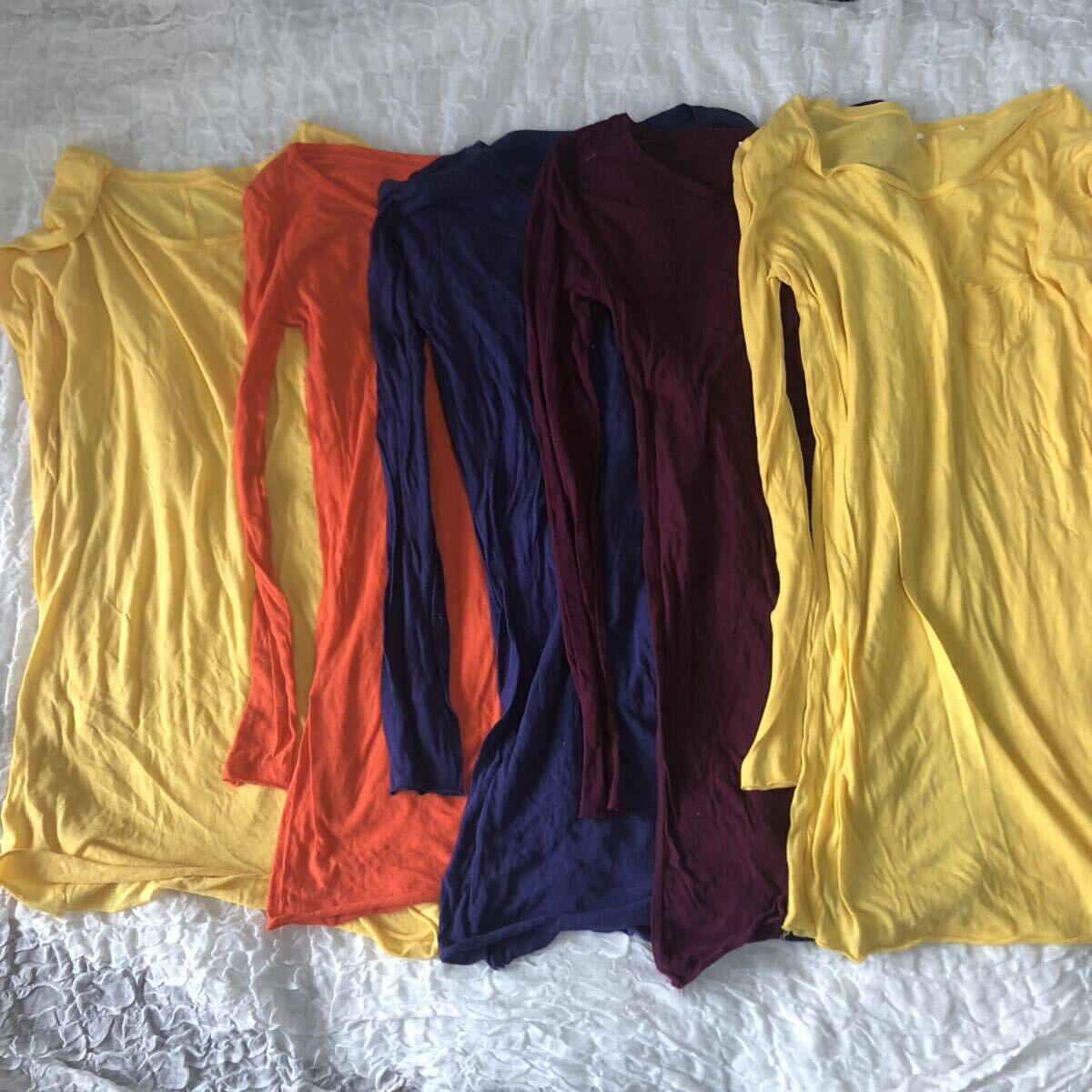【5枚おまとめ 】インポート 同デザイン 色違い 薄地 長袖 Tシャツ カットソー トップス イエロー オレンジー ブルー ボルドー ★1000拍卖