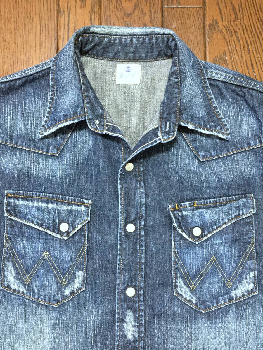 ラングラー Wrangler ビンテージ スタイル 縦落ち デニムシャツ M 斜めポケット Wボタン ユーズド加工 ウエスタン W9150拍卖