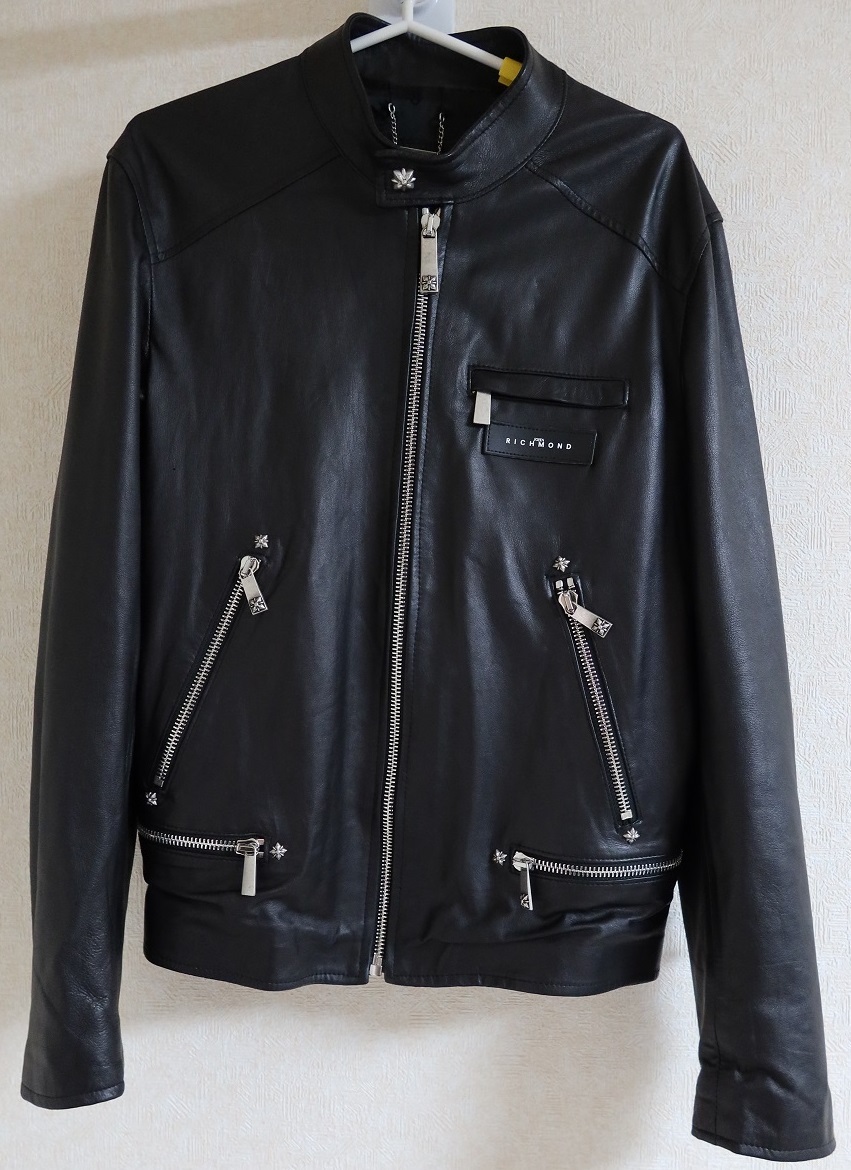 【John Richmond】【試着品】長袖ロゴレザーレミットジャケット(ブラック 50)※送料無料、まとめて取引不可拍卖