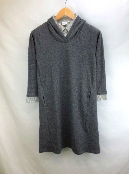 ap0046 □ 新品 ■ maca マーカ チュニック SS チャコール グレー 白 灰 ストライプ 重ね着風 お洒落 襟 フード ニット レイヤード 快適 秋拍卖