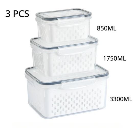 早期配送【3 Piece Set】透明な二重層保存ボックス、大容量、密閉、野菜と果物、食品グレード、冷蔵庫、ドレン拍卖
